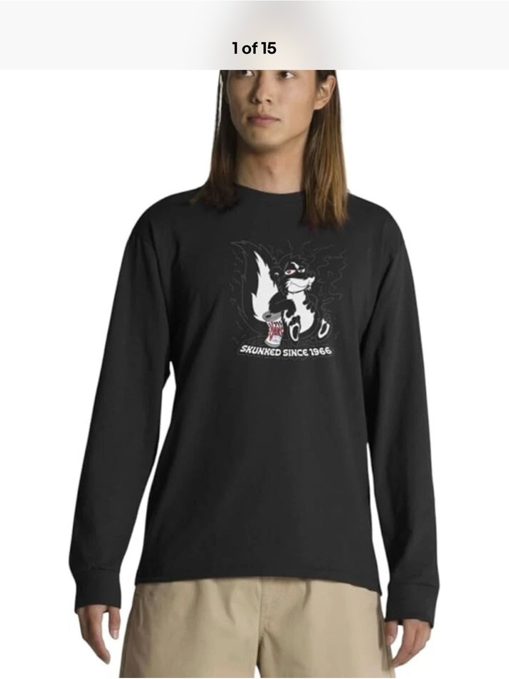 Vans Off The Wall Men's T-Shirt Skunked Since 1966 Cotton Long Sleeve Black XXL